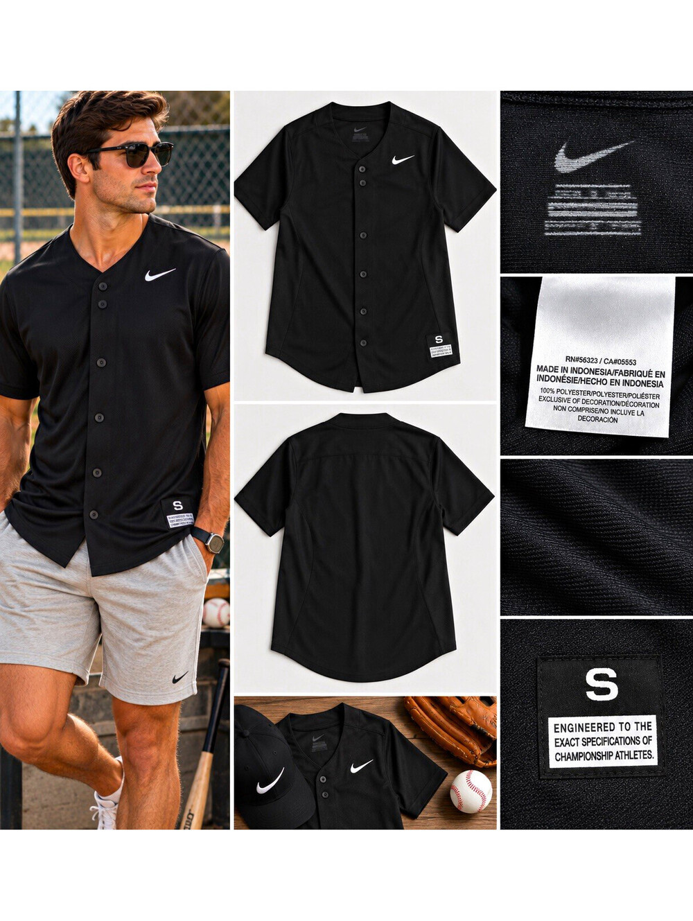 Nike Men’s Baseball Jersey Size Small Black Button Front Swoosh Performance